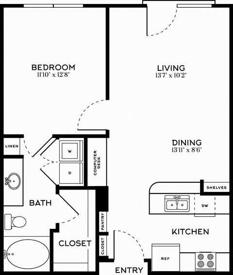 Floor plan for 1 bed, 1 bath, 740 sqft